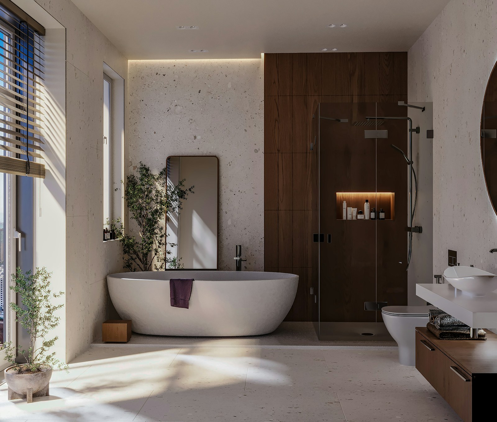 Salle de bain lumineuse avec baignoire îlot