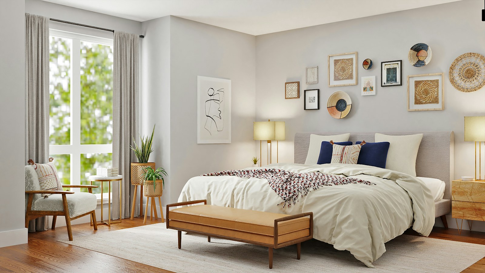 Chambre lumineuse avec banc en bois